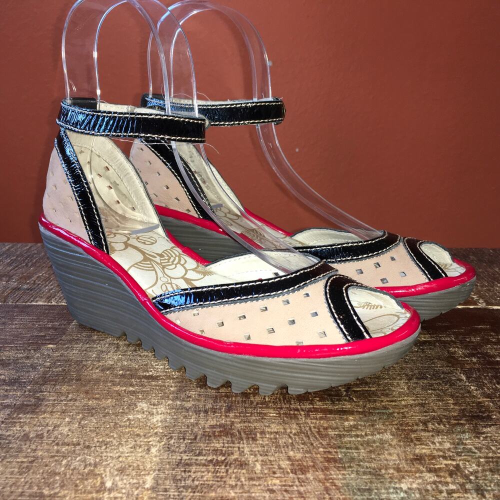 Fly London Beige Black and Pink Platform Sandal Wedges